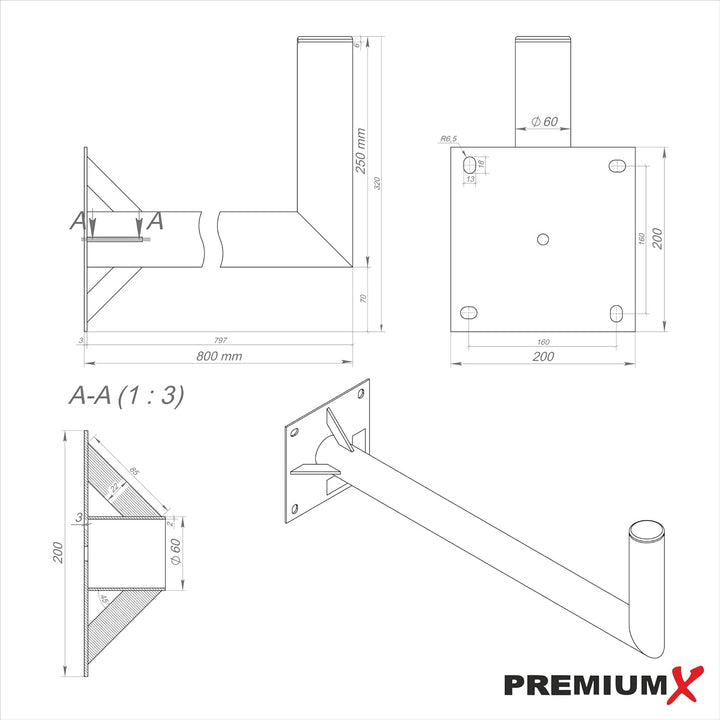 Premium X 80cm Wandhalter Ø 60mm Stahl SAT Antenne Wand Montage Halter mit Verstrebung inkl. Fischer