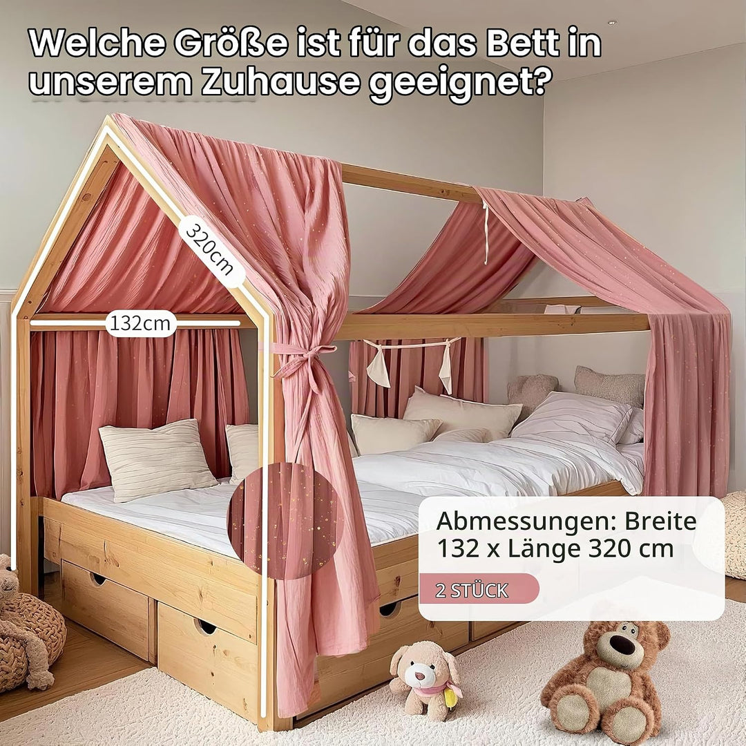 Hausbett Himmel mit Gold Applikation 2 Stück, handgefertigt aus 100% Baumwoll-Musselin, Stoffhimmel