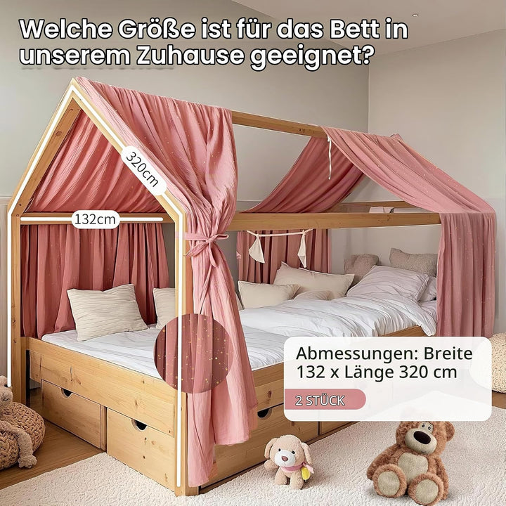 Hausbett Himmel mit Gold Applikation 2 Stück, handgefertigt aus 100% Baumwoll-Musselin, Stoffhimmel