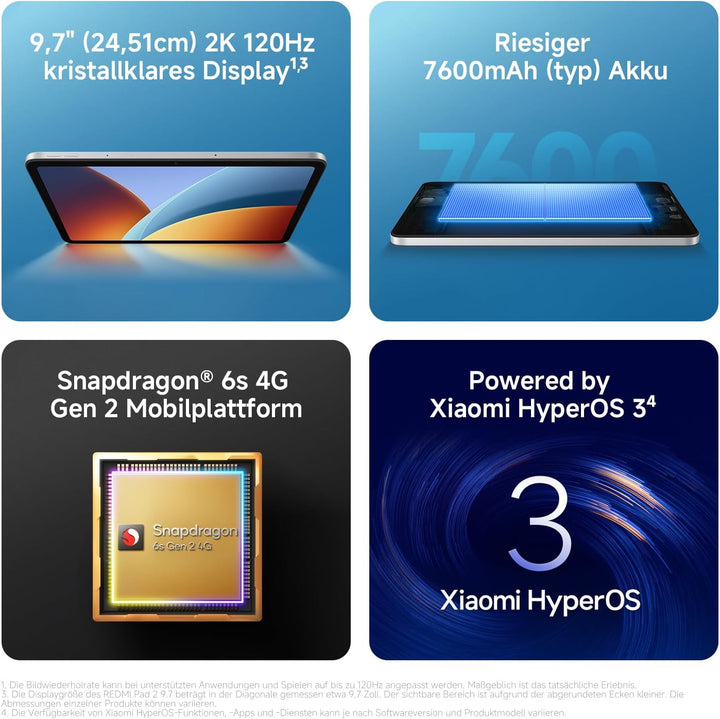 XIAOMI Redmi Pad 2 Tablet 9,7 Zoll, 4GB + 128GB, Snapdragon 6s Gen 2, 2K 120Hz Display, 7600mAh Akku