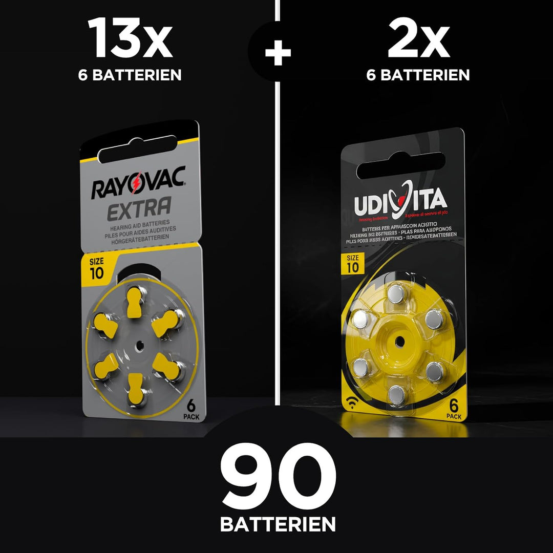 90 Batterien für Hörgeräte Rayovac Extra Advanced 10. 90 Batterien: 78 Rayovac + 12 Udivita