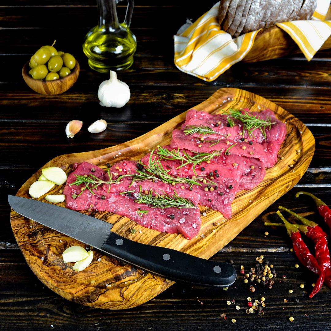 Rustikales Olivenholzbrett mit Saftrille - Handgefertigt - ca. 40 x 20 (+-3 cm) - Servierbrett - Frü