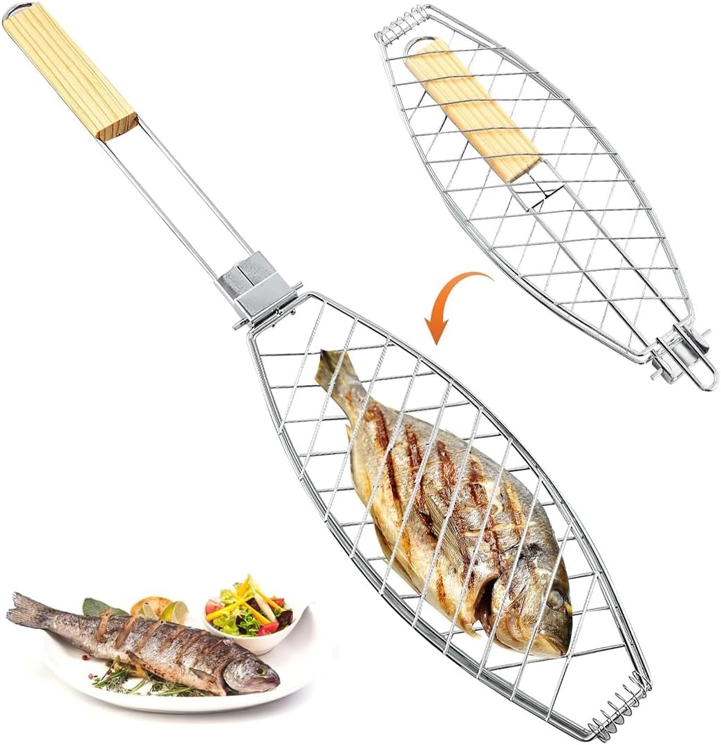 Fischgrillhalter, Fischzange Zum Grillen, Gegrillter Fisch Mit Holzgriff Und Dickem BBQ-Grill