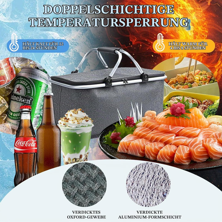 30L Faltbare Kühltasche mit 2 Eisakkus – Isolierte Thermotasche für Picknick, Camping, Einkaufen, Bü