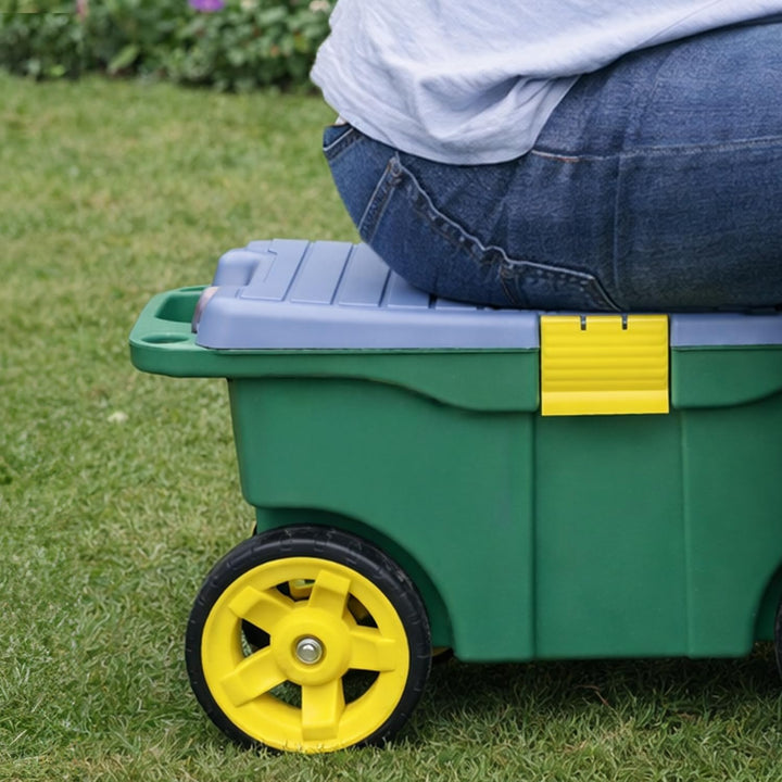 HMF 2-in-1 Gartenwagen mit Sitz und Stauraum, Gartenhocker mit grossen Rollen, Rollsitz für Gartenar