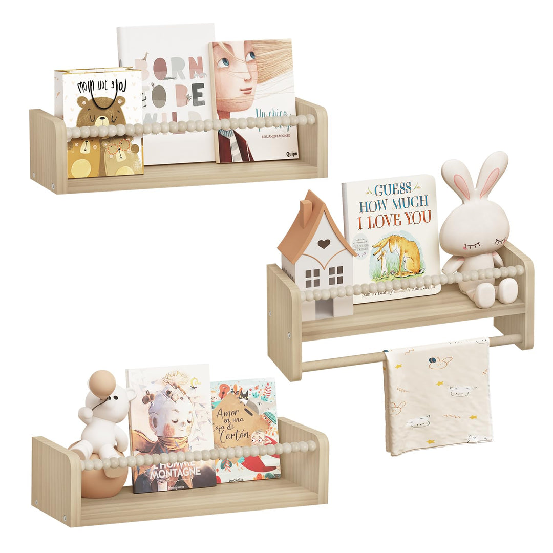 WOLTU 3er Set Kinder Bücherregal Wand, 40cm Wandregal Kinderzimmer, aus Massivholz, Hängeregal Schwe