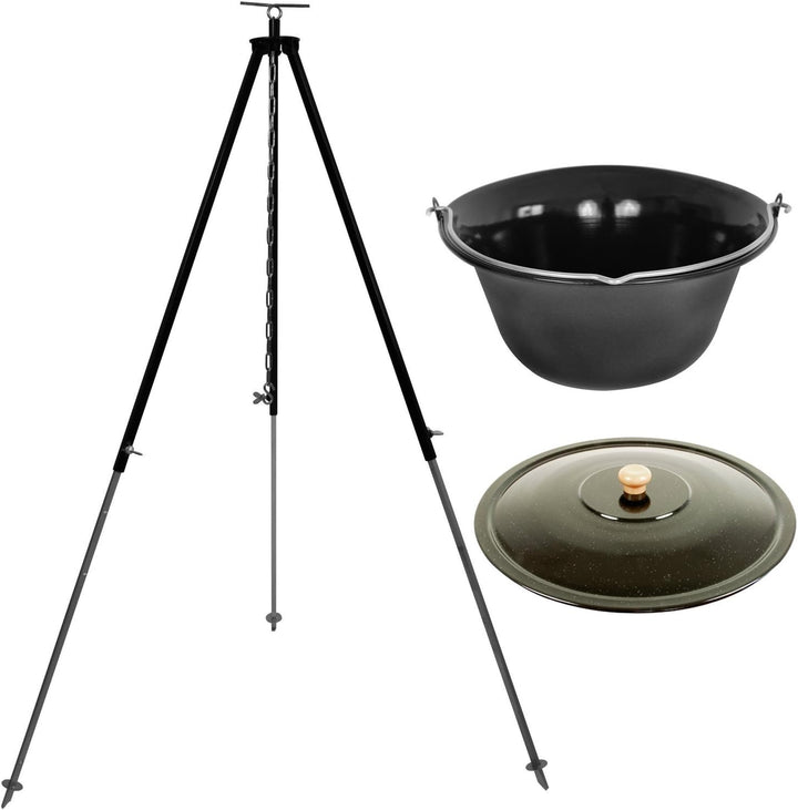 GRILLPLANET ungarischer Gulaschkessel 10 Liter emailliert mit Dreibein-Gestell 180 cm Kettenhöhenver