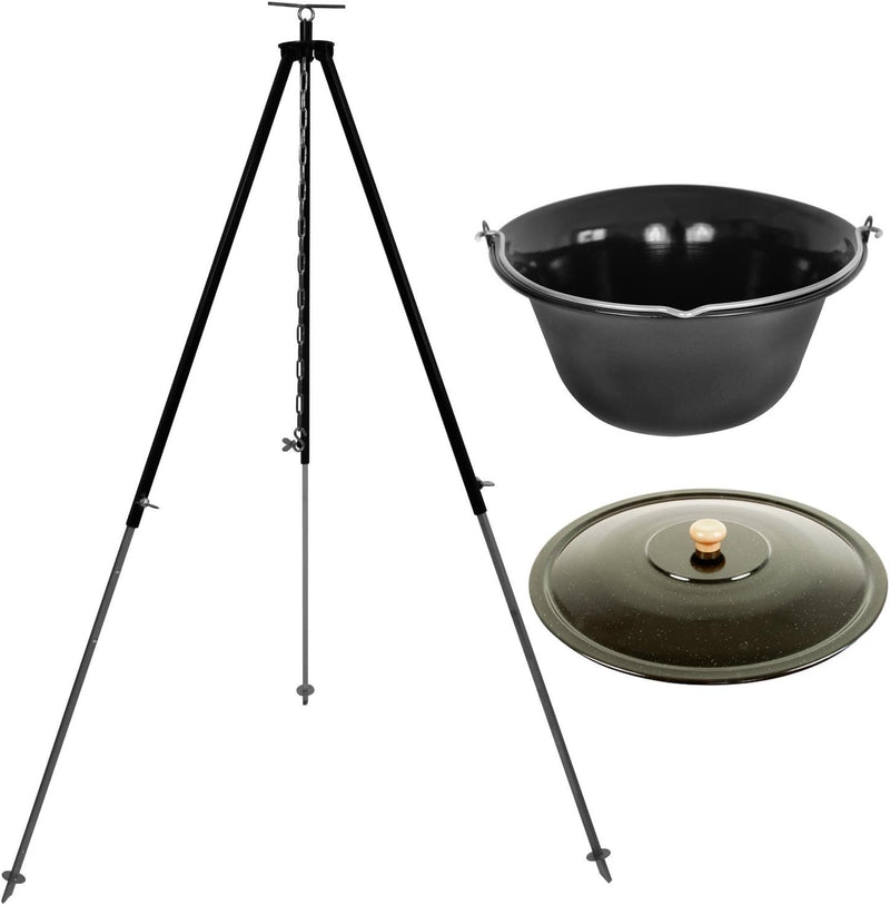 GRILLPLANET ungarischer Gulaschkessel 10 Liter emailliert mit Dreibein-Gestell 180 cm Kettenhöhenver