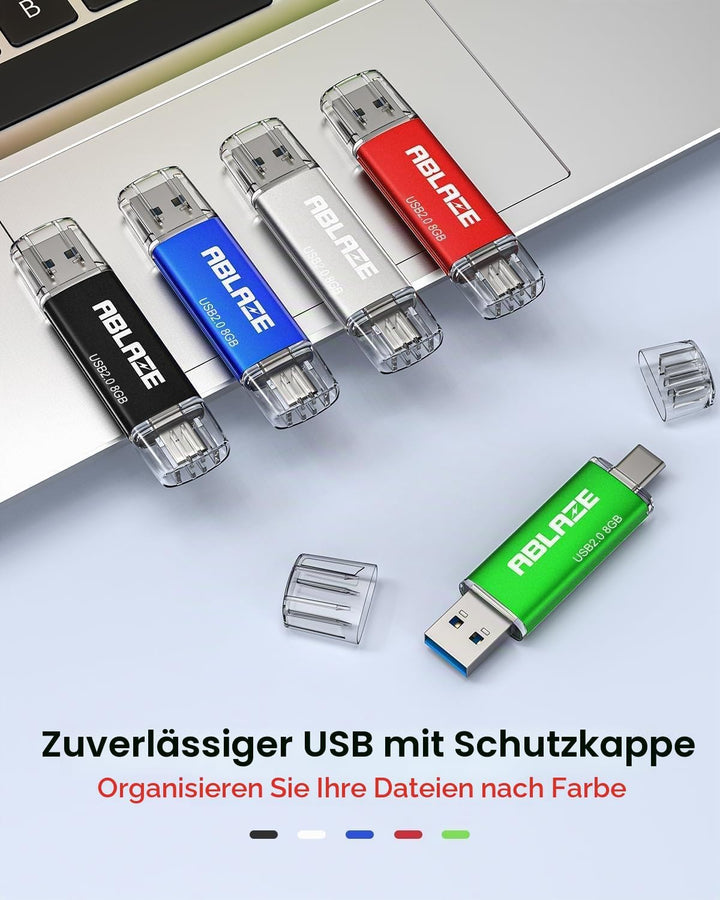 10 Stück USB C Stick 8GB OTG 2.0, ABLAZE Dual Speicherstick 2-IN-1 für Type-C Handy/Smartphone/Lapto