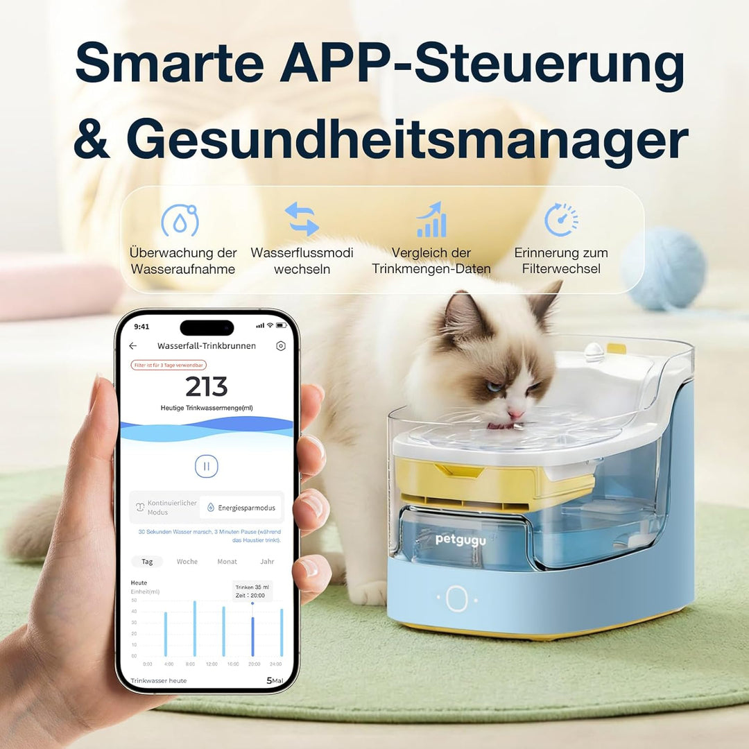 PETGUGU Katzenbrunnen mit App-Steuerung & KI-gestützter Haustierpflege, 8-Schicht-Filtration Trinkbr