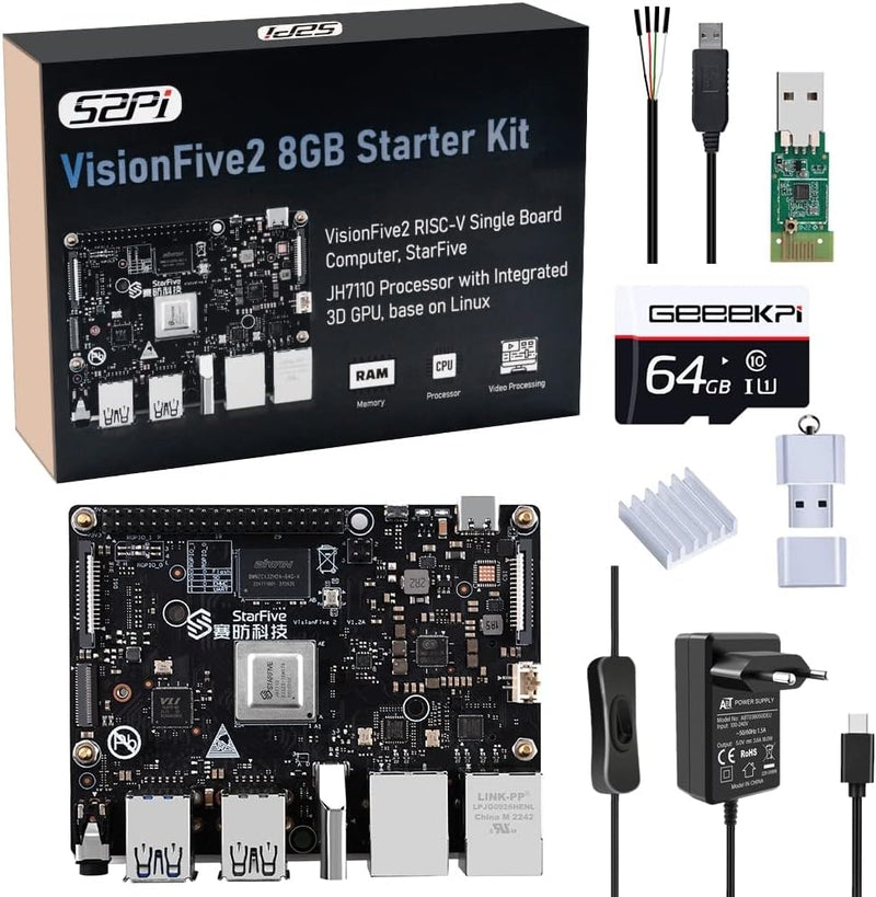 GeeekPi VisionFive2 8GB Starter Kit,VisionFive2 RISC-V Single Board Computer,StarFive JH7110 Process