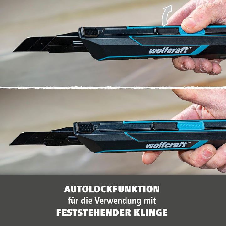wolfcraft Cuttermesser PRO SAFETY, 25 mm - mit optimale Ergonomie für Links- und Rechtshänder - Extr