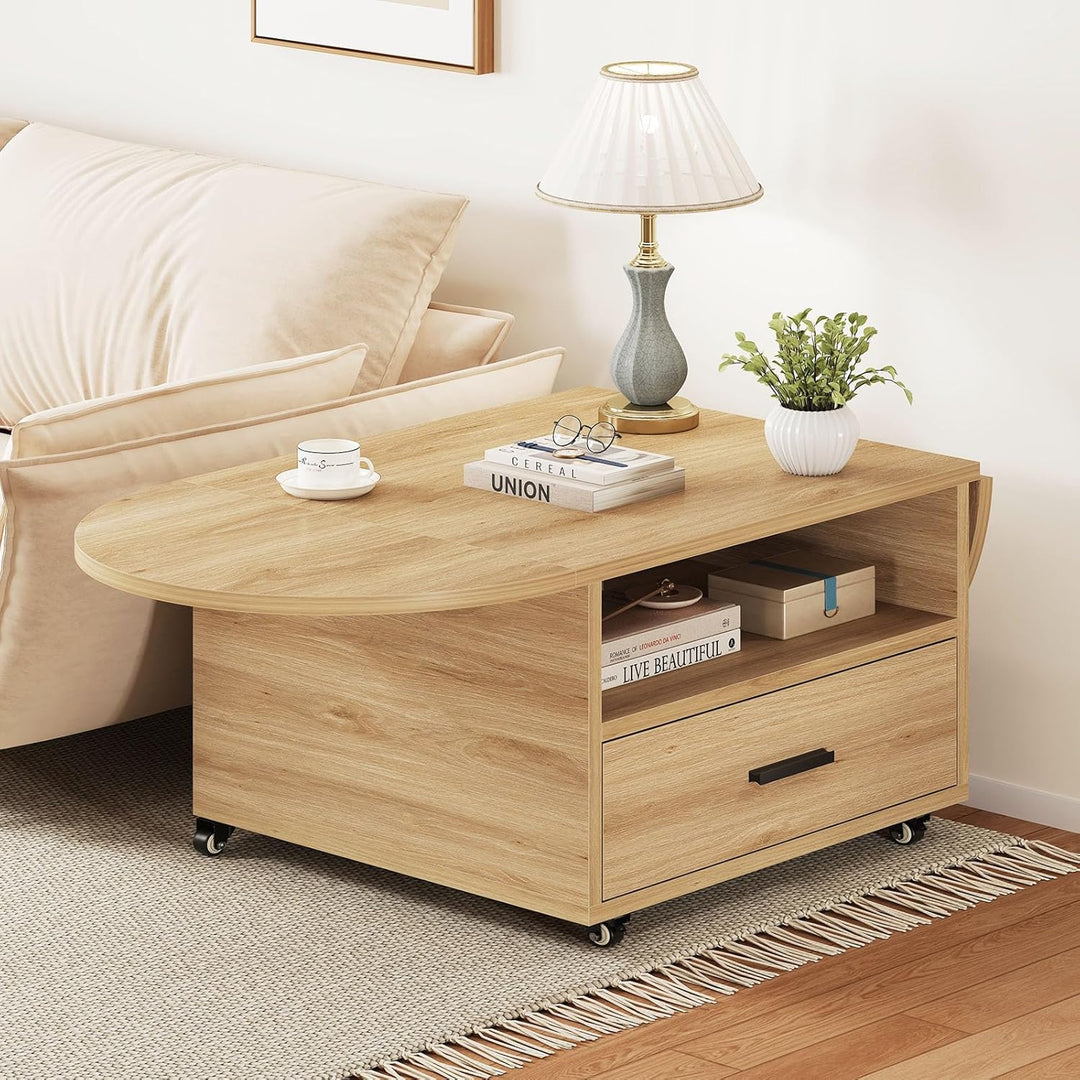 IBF Couchtisch Holz mit Stauraum Oval Klappbarer Couchtisch Wohnzimmer Tisch mit Schublade Mitteltis