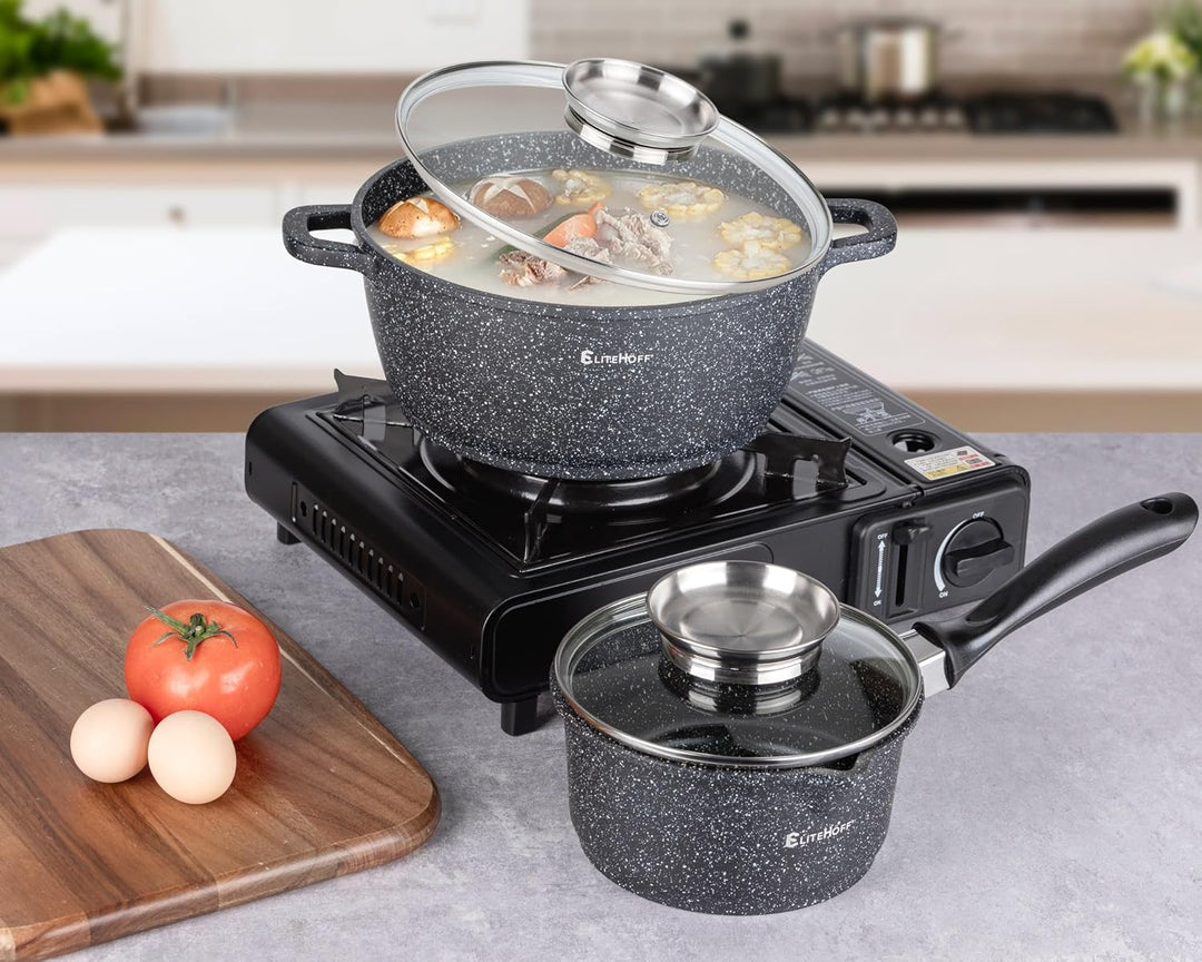 EliteHoff Induktion Topfset mit Stieltopf, 9-tlg Kochgeschirr-Set 16/16/20/24 cm, Kochtopf mit Decke