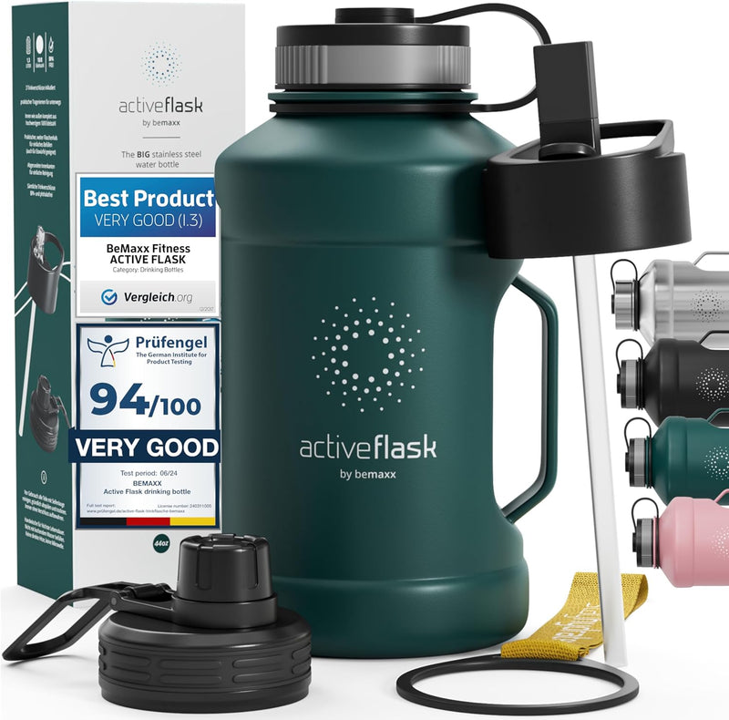 BeMaxx Trinkflasche Edelstahl ACTIVE FLASK + Strohhalm (3 Deckel) | Grosse 1,3 Liter Sportflasche BP