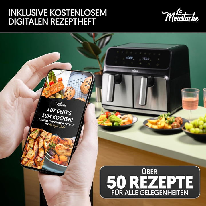 La Moustache - Heissluftfritteuse 8L mit 2 Separaten Körben, Ölfreie Fritteuse 1700W, 10 Programmen,