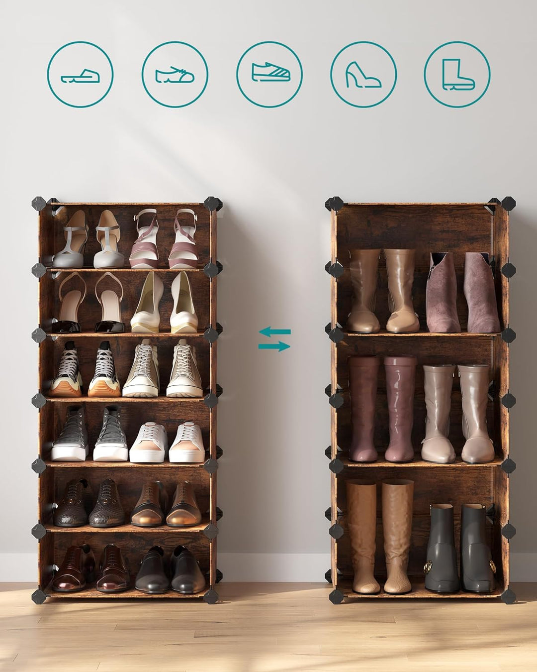 SONGMICS Schuhregal mit 10 Ebenen, Steckregal, Regalsystem, Schuh-Organizer, DIY-Regal, mit Tür, aus
