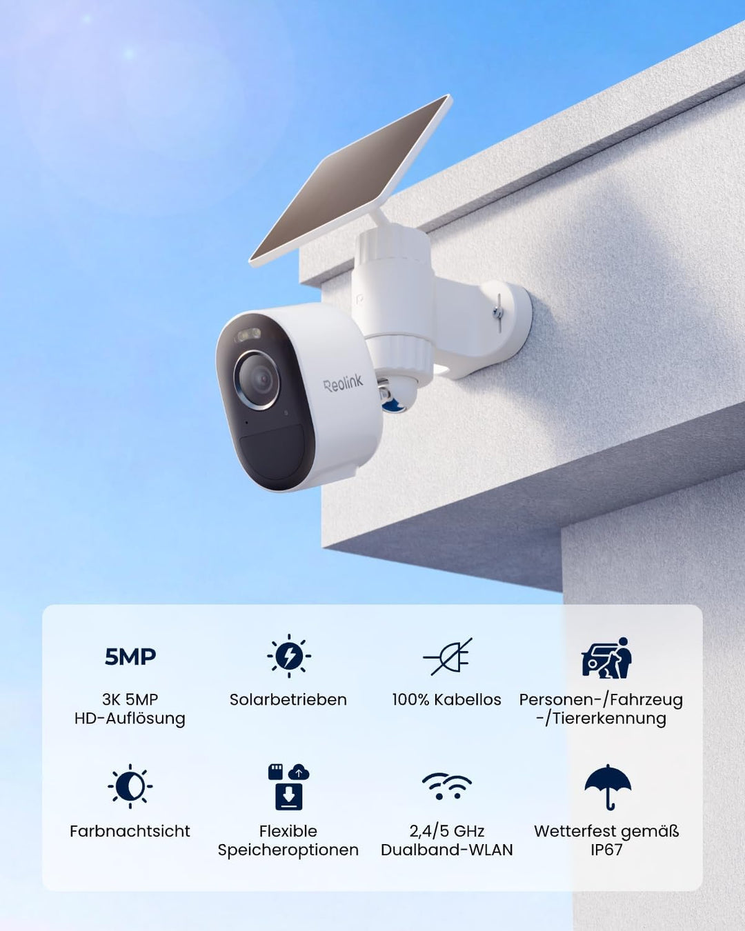 Reolink Überwachungskamera Aussen Solar Akku, 3K 5MP, WLAN Kamera Outdoor Kabellos mit 2,4/5GHz WiFi