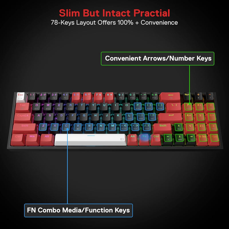 Redragon K628 Pro 75% Kabellose RGB-Gaming-Tastatur mit 3 Modi, 78 Tasten, Hot-swap-fähige Kompakte