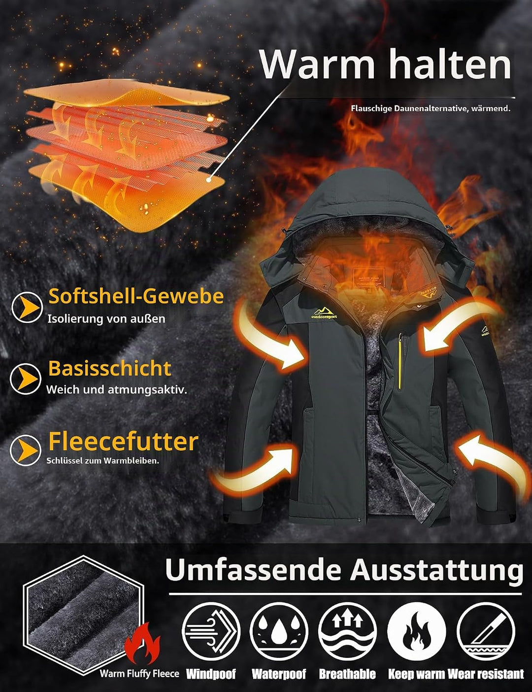 TACVASEN Herren Warme Skijacke Gefütterte Winterjacke Wasserabweisende Funktionsjacke mit Abnehmbare