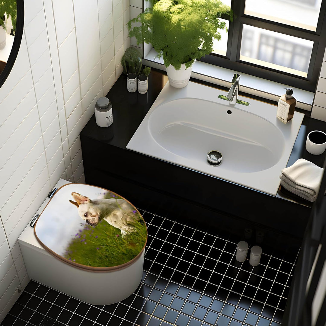 banjado® Design WC Sitz Bambus Absenkautomatik mit Motiv Franz. Bulldogge/Toilettendeckel mit Absenk