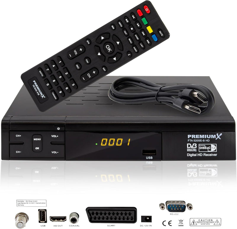 PremiumX Satelliten-Receiver HD 520SE FTA Digital SAT TV Receiver DVB-S2 FullHD HDMI SCART 2X USB Mu