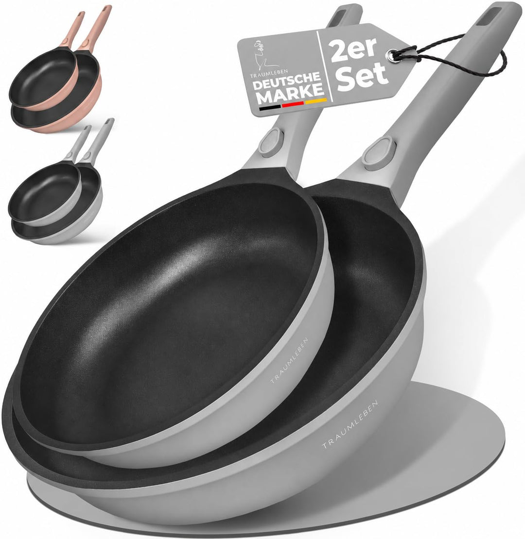 TRAUMLEBEN NEU Pfannenset 2-teilig 24, 28 cm mit abnehmbarem Griff, Antihaftbeschichtung, PFOA frei,