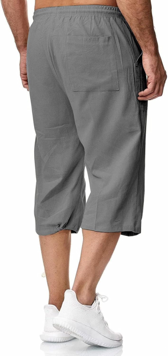 Remxi Herren-Shorts, 3/4-Leinen-Shorts, lockere Passform, Sommer, lässige Cargohose M Grau, M Grau