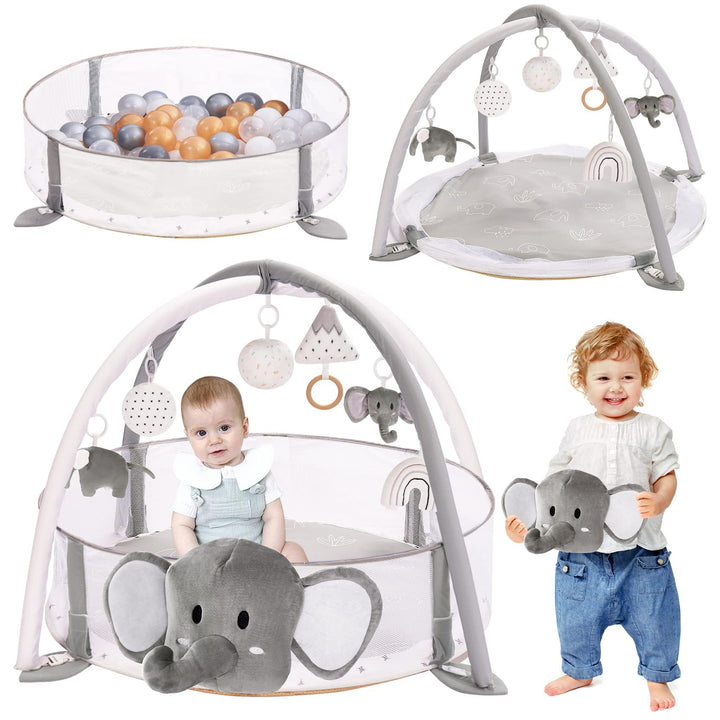 Mallify 5-in-1 XL Baby Spielbogen mit Spielmatte, Spielplatz & Bällebad, Kombiniertes Baby-Spielcent