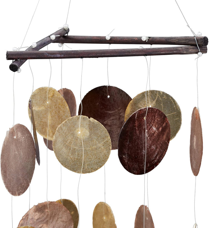 Relaxdays Capiz Windspiel mit Muschel-Girlanden, Perlen, maritimes Holz Klangspiel für Garten, Balko