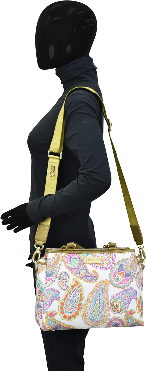 Anuschka Satchel mit Fächern - Wanderlust Kollektion - Nylonstoff mit Leader Trim und Kunstdruck Boh