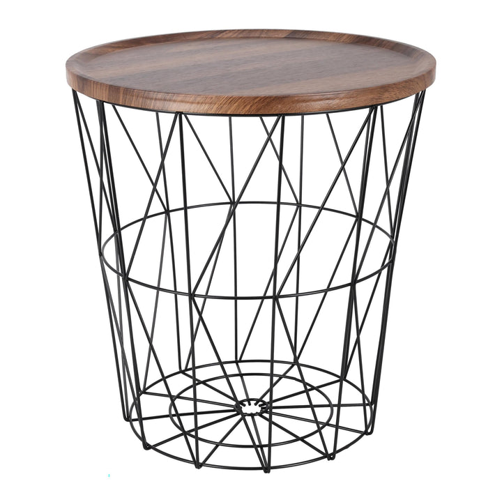 Design Beistelltisch - Metall Korb mit Holz Deckel - dekorativer Sofatisch inkl. Korbablage Schwarz