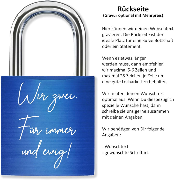Liebesschloss mit Gravur Kalenderblatt - Blau - gestaltbar mit vielen Farben & Schriften - Jahrestag