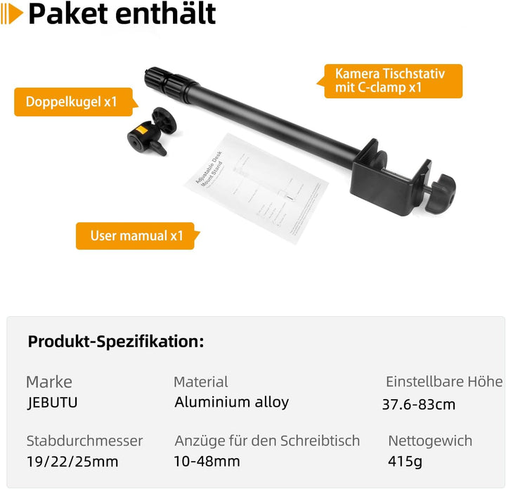 JEBUTU TL253 Kamera Tischstativ Lichtstativ, 43.5-102cm verstellbares Tablet Halterung mit 360ﾟKugel