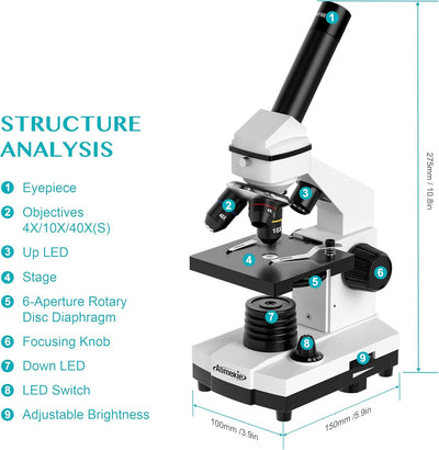 Aomekie Mikroskop für Kinder Studenten Anfänger 40X-2000X mit Okular (WF10X / 25X) und 2X Barov und