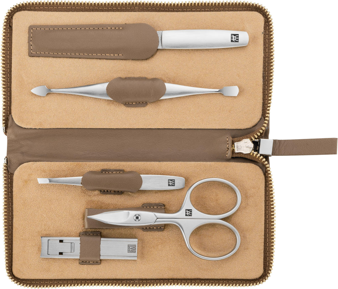 ZWILLING Maniküreset 5-teilig Nagelpflegeset aus Rindleder mit Reissverschluss, Premium, Taupe, 5-Te