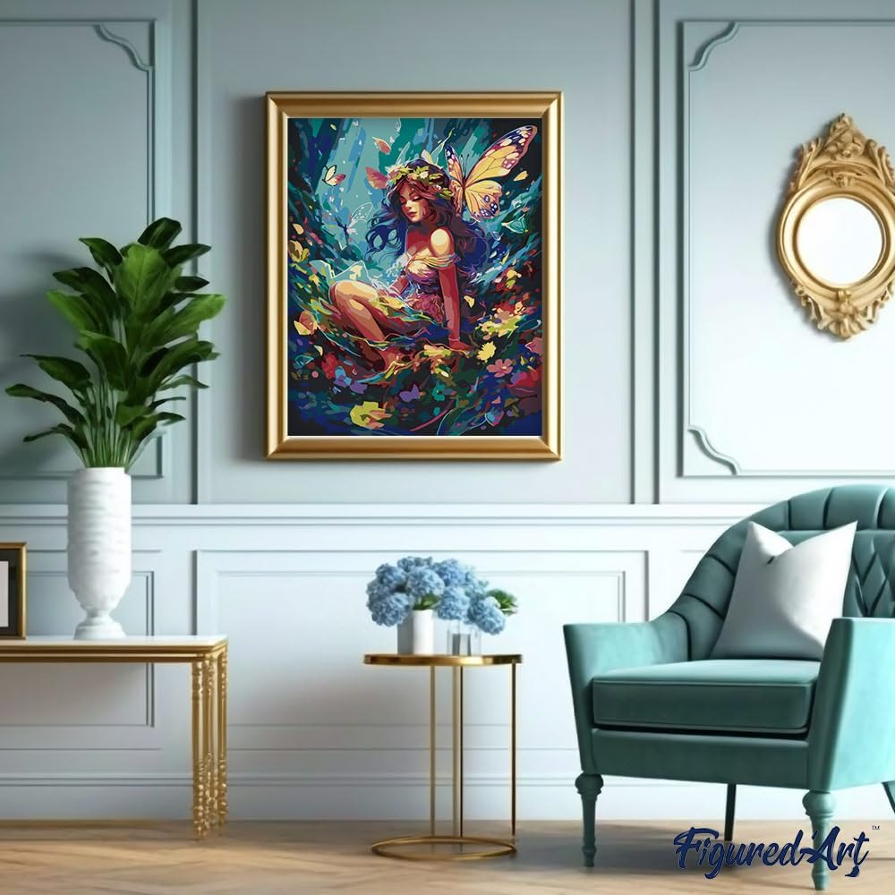 Figured'Art Malen Nach Zahlen Erwachsene Mit Rahmen Fee und Schmetterlinge - Paint by Numbers Bastel