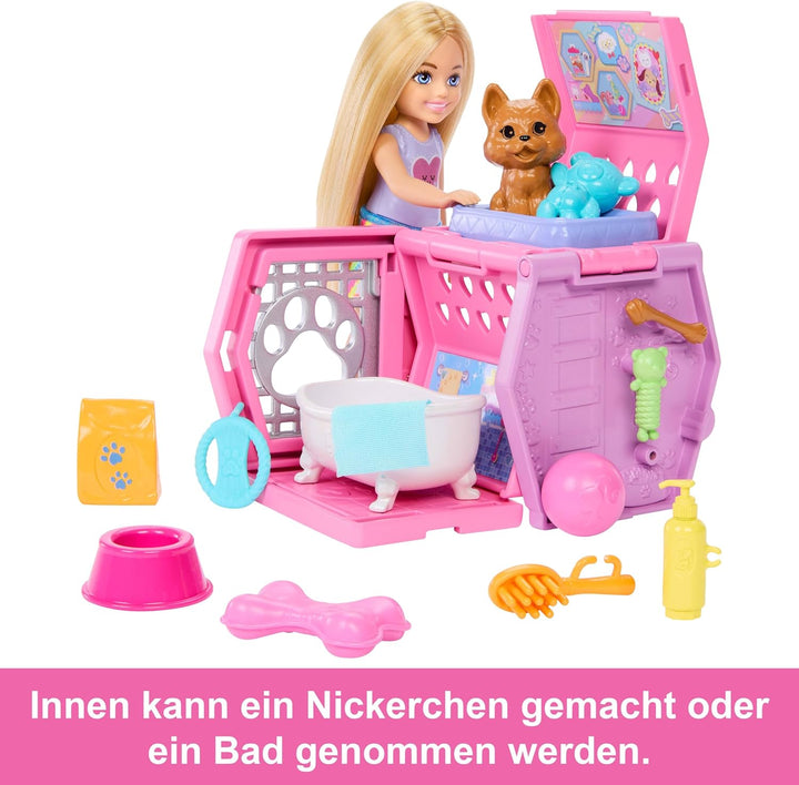 Barbie Chelsea Welpentrage-Spielset, kleine Blonde Puppe und Zubehör, Transportbox, mit Spielzeug fü