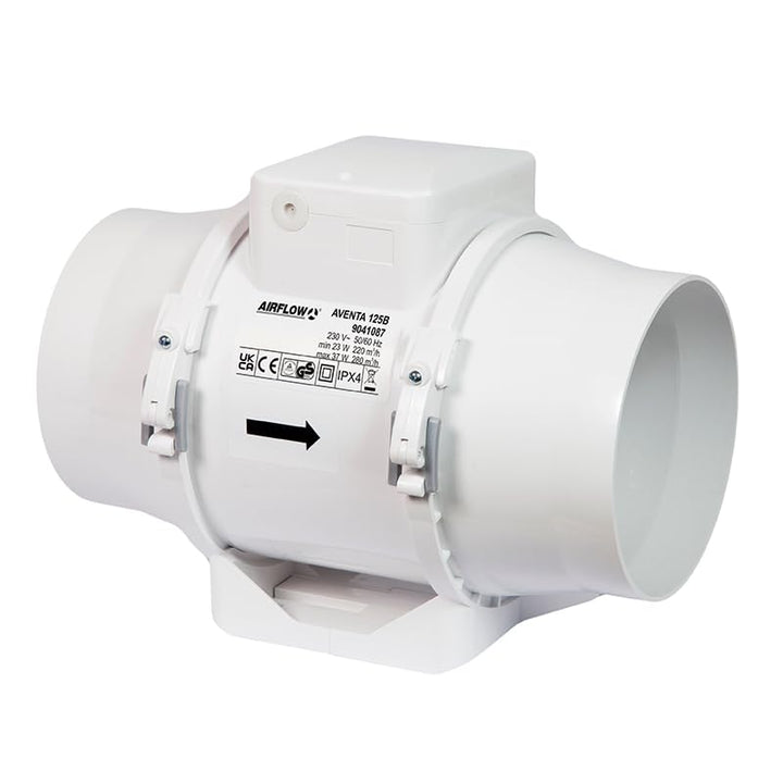 Airflow Aventa 125B In-Line Mischstrom-Extractor Fan – 23W energieeffizient, 61-78 l/s (220-280 m³/h