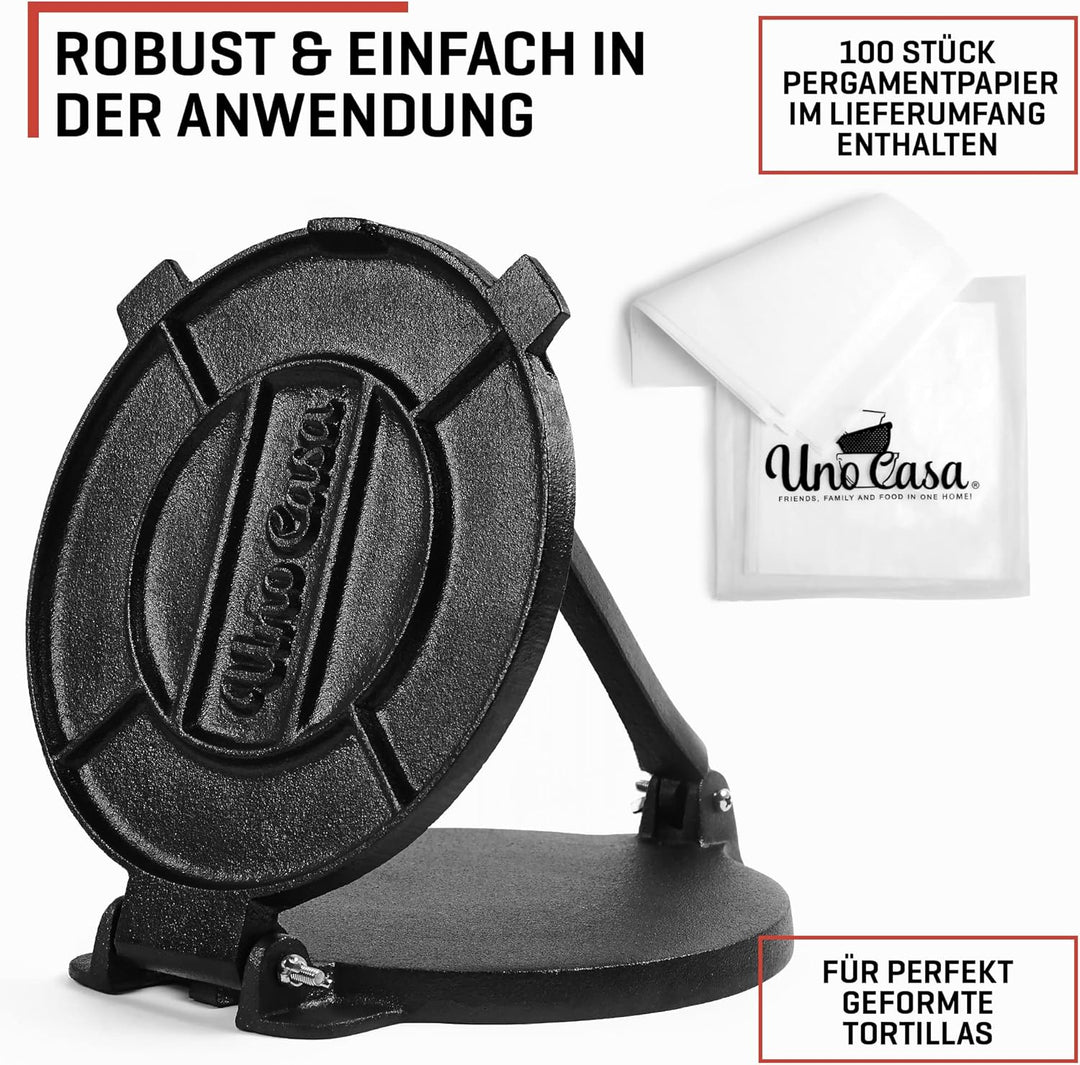 Uno Casa Tortilla Presse 20 cm - Taco Presse, Hochleistungs-Gusseisen Tortilla Maker - Roti Maker Bo