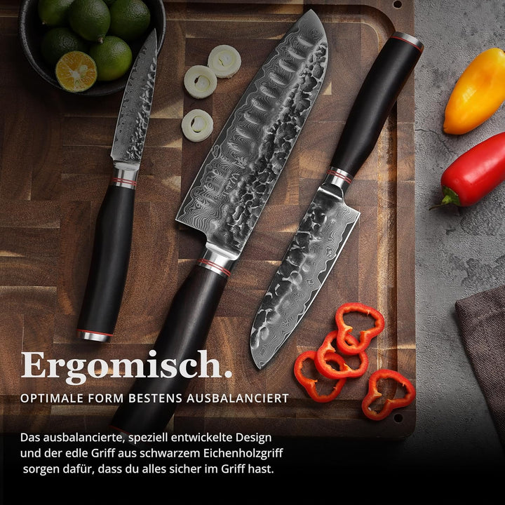 Wakoli Ebo 3er Damastmesser Set mit 9-18cm Klingen mit Hammerschlag gefertigt aus 67 Lagen echtem Da