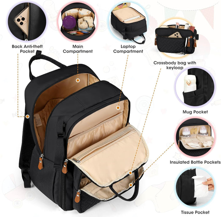 RAINSMORE Wickelrucksack Gross Baby Wickeltasche Rucksack mit Wickelunterlage Kinderwagengurten und