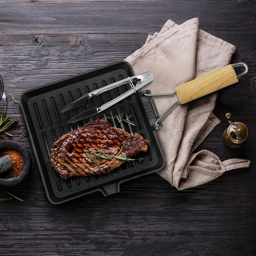 AWAOVV Steakpfanne Gusseisen,23x23cm Grillpfanne mit Klappbarem Holzgriff und Lebensmittelclips,Klap