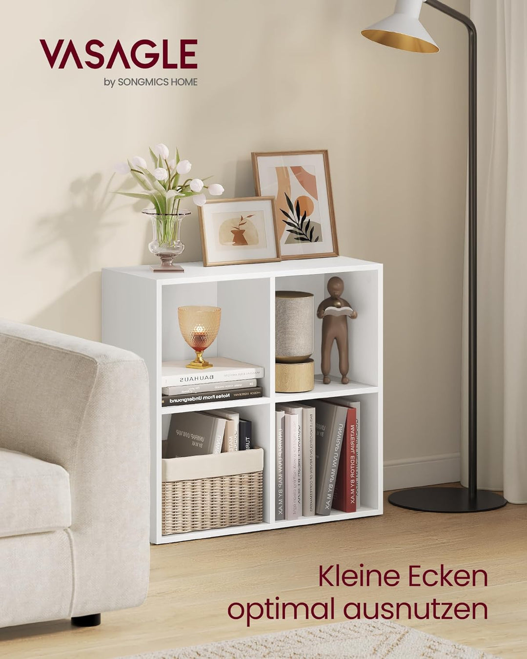 VASAGLE Bücherschrank, Bücherregal, mit 4 Fächern, Büroregal, Würfelregal, Standregal, für Wohnzimme