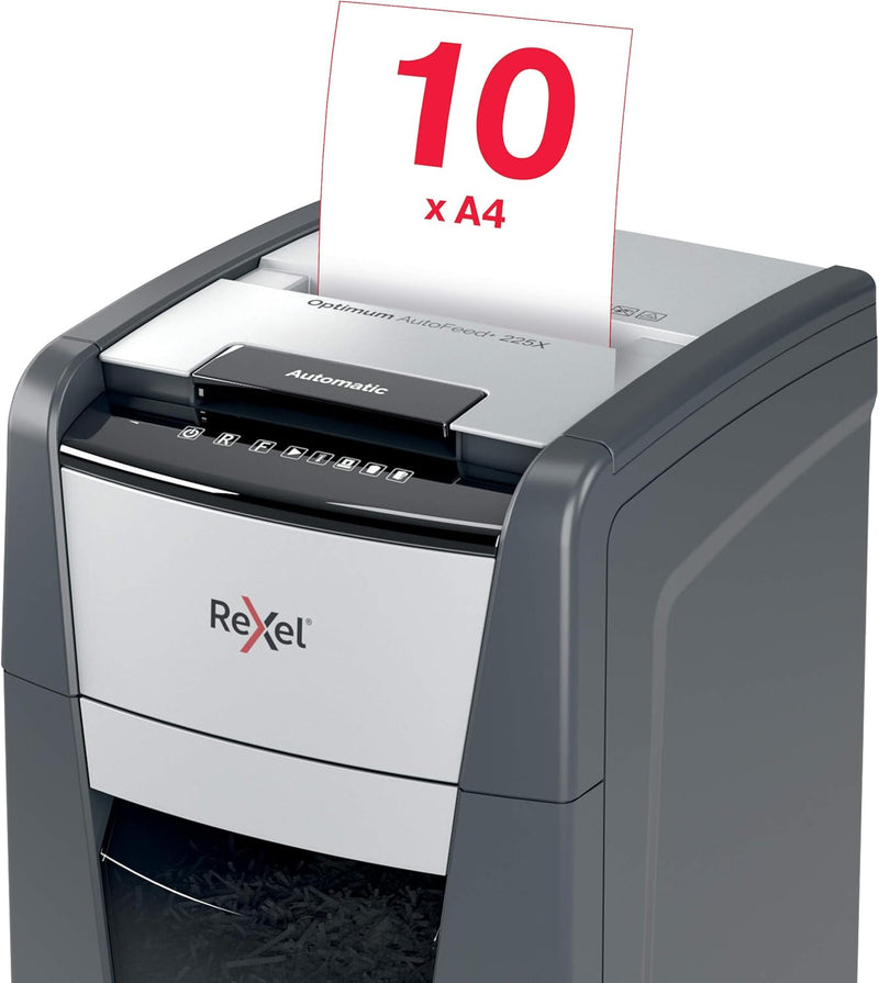 Rexel Optimum AutoFeed+ 225X Automatischer Aktenvernichter CH, 225 Blatt, Sicherheitsstufe P4, Parti