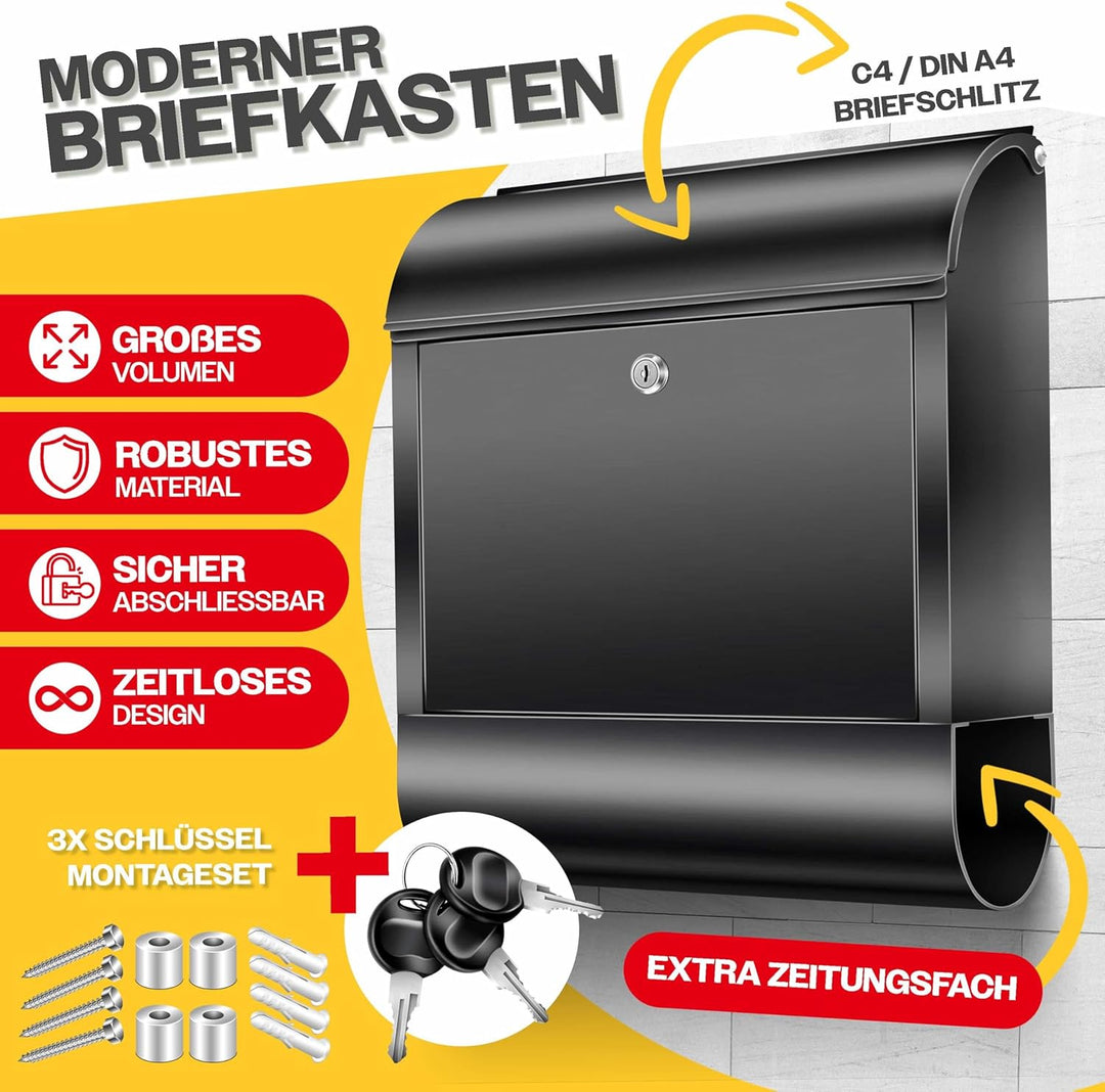 KESSER® XXL Briefkasten Edelstahl mit Zeitungsfach, gebürstet, 3X Schlüssel abschliessbar, Pulverbes