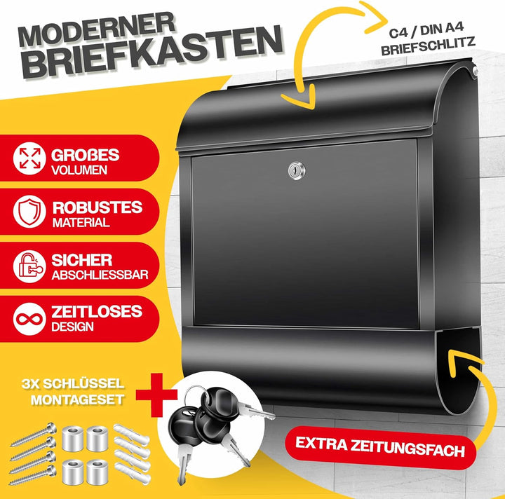 KESSER® XXL Briefkasten Edelstahl mit Zeitungsfach, gebürstet, 3X Schlüssel abschliessbar, Pulverbes