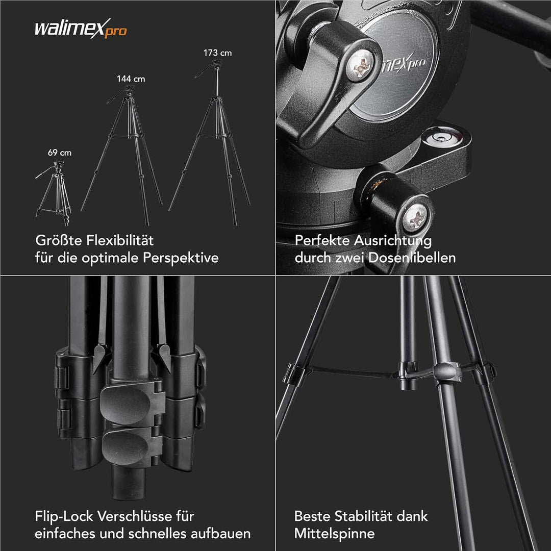Walimex pro Videostativ mit Fluidkopf, Smartphone-Halterung &amp; Tasche I Advanced 173cm, leicht &amp; stab