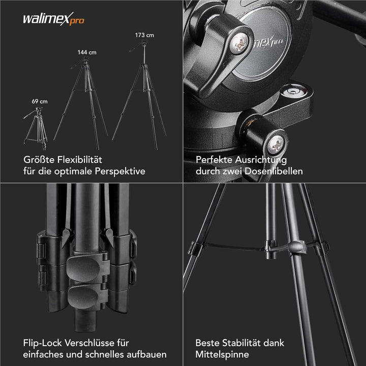 Walimex pro Videostativ mit Fluidkopf, Smartphone-Halterung &amp; Tasche I Advanced 173cm, leicht &amp; stab