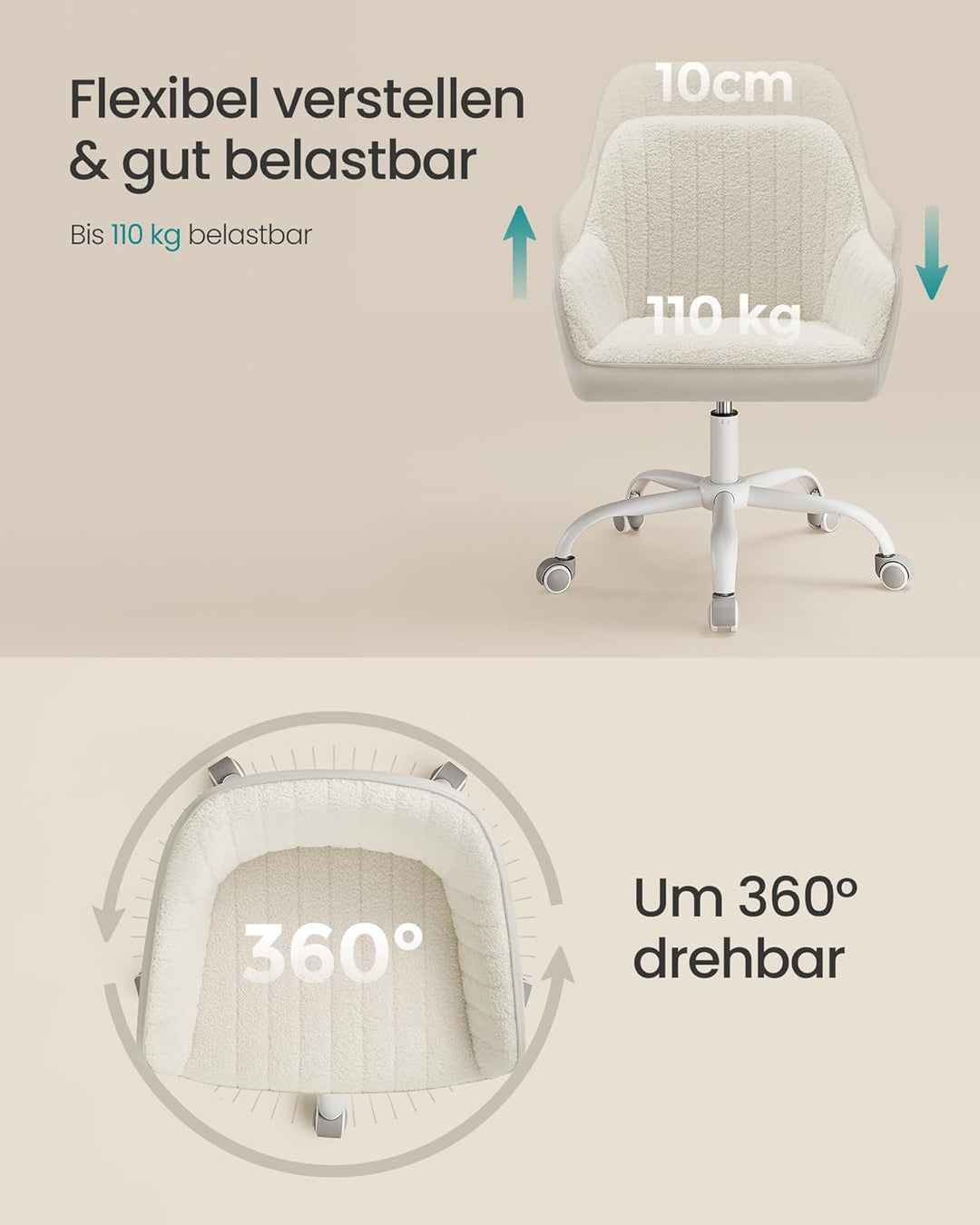 SONGMICS Bürostuhl, Drehstuhl, Sherpa und Kunstleder, Schaumstoffpolsterung, höhenverstellbar, für A